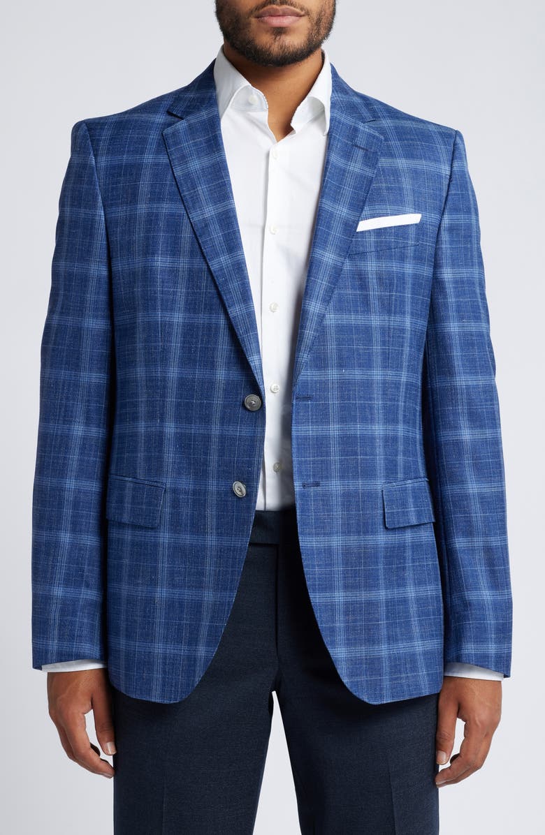 BOSS Hutson Slim Fit Plaid Wool & Silk Blend Sport Coat, Main, color, Navy