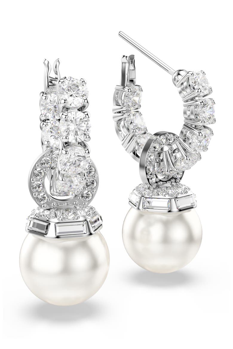 Matrix Faux Pearl Drop Crystal Hoop Earrings, Alternate, color, WHITE