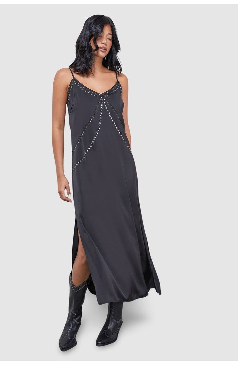 Warehouse Premium Stud Embellished Slip Dress, Main, color, Black