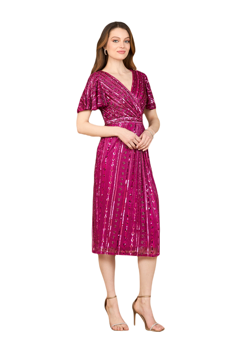 Beaded Midi Dress with Flutter Sleeves, Main, color, Berry