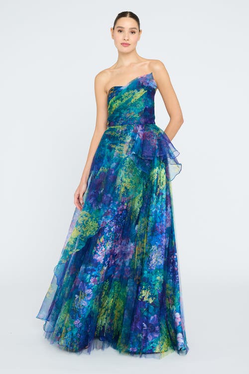 Theia Taya Strapless Organza Gown In Blue