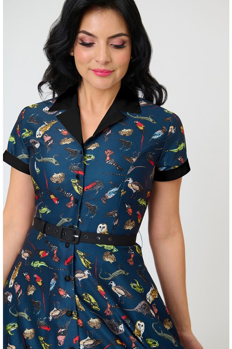 Collared Short Sleeved Belted Alexis Swing Dress, Alternate, color, Blue w/ Animal Print