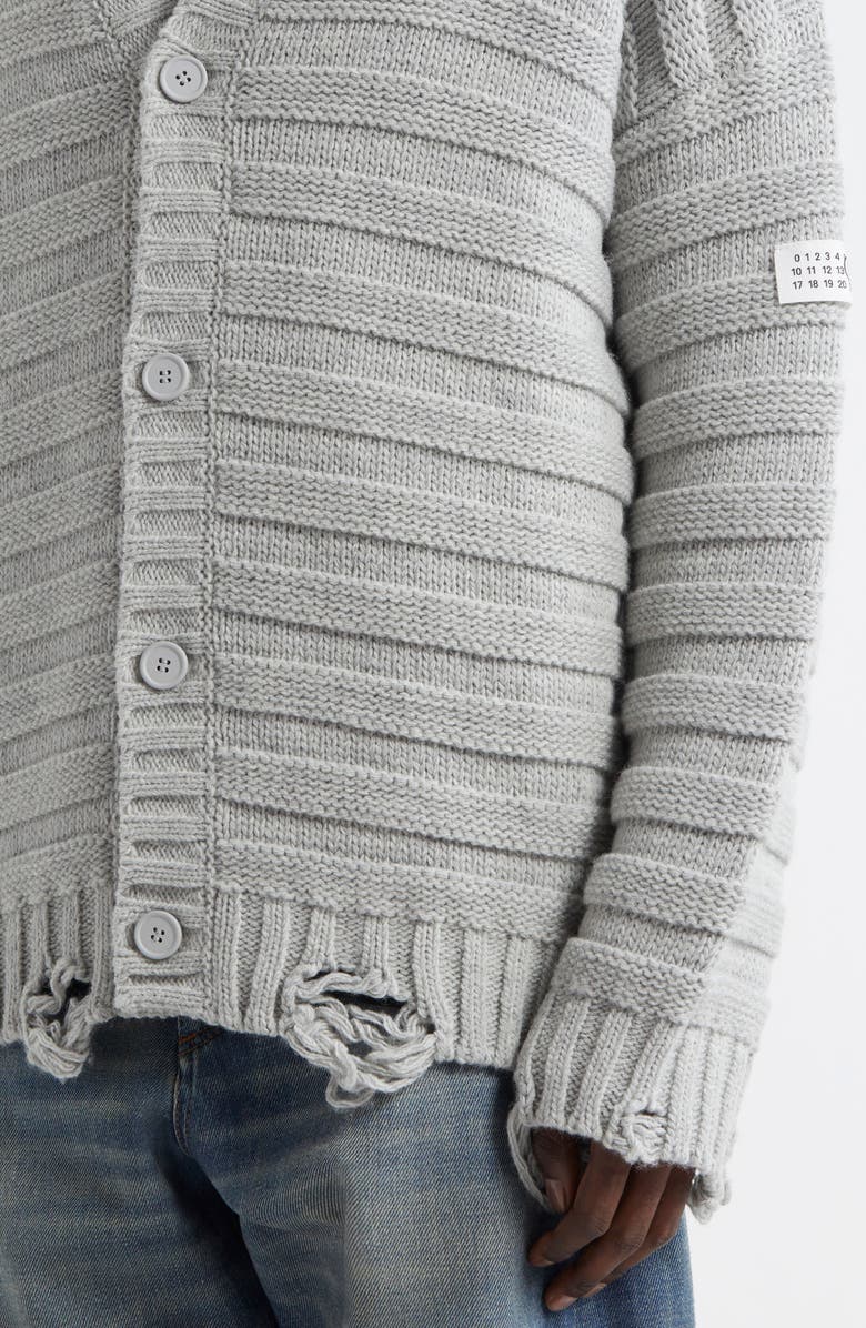 MM6 Maison Margiela Distressed Virgin Wool Blend V-Neck Cardigan, Alternate, color, Light Grey Melange