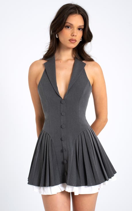 Hazell Preppy Halter Neck Pleated Mini Dress