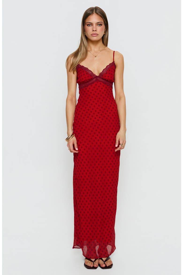 Adasia Polka Dot Lace Trim Maxi Dress, Alternate, color, RED POLKA DOT