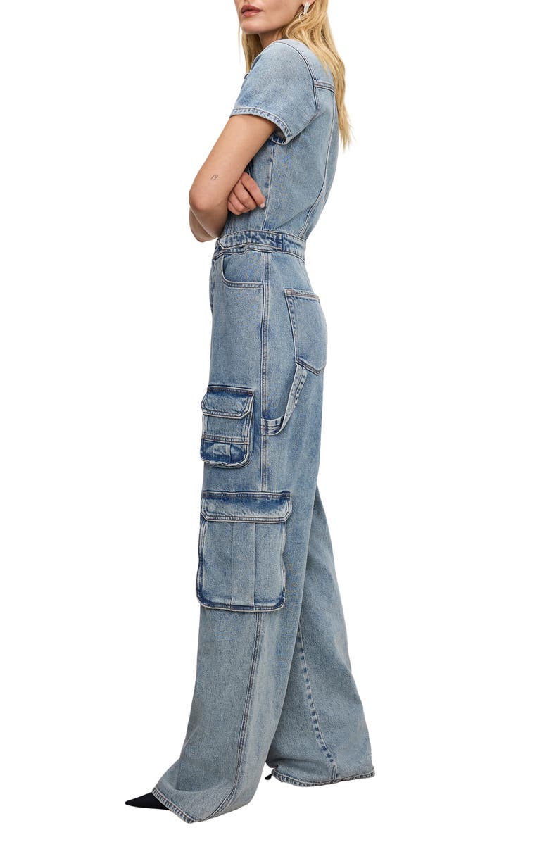 Good American Fit For Success Denim Wide Leg Cargo Jumpsuit, Alternate, color, Indigo762