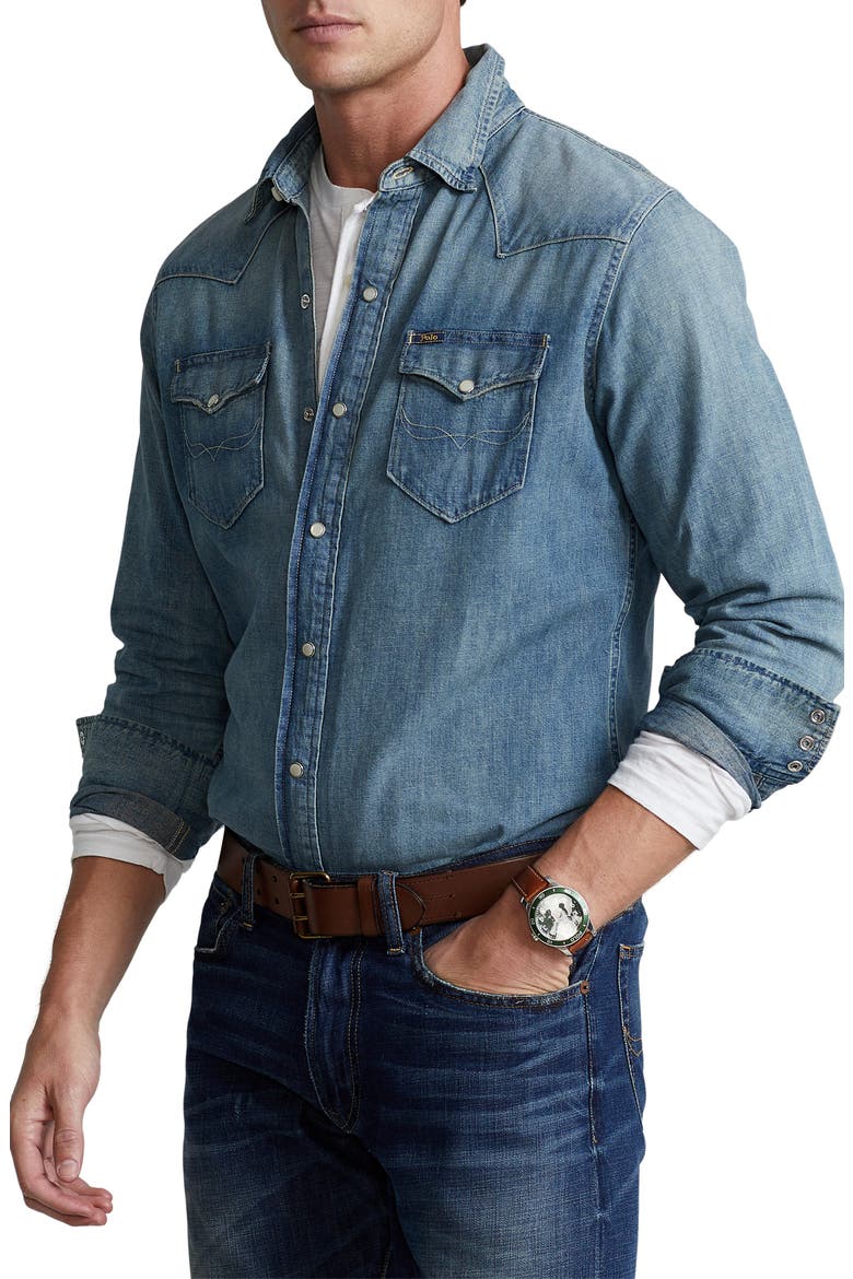 Western Cotton Denim Snap-Up Shirt, Main, color, RALPH LAUREN WESTERN
