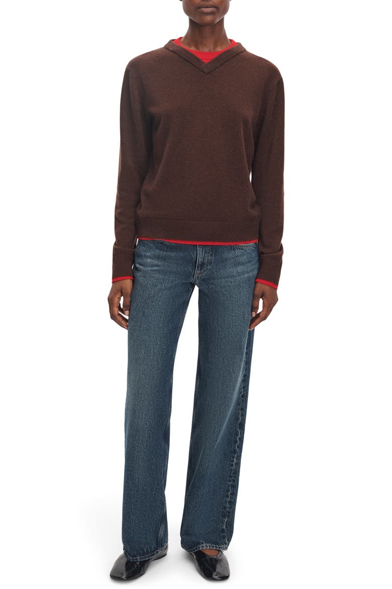 Nyla Cashmere Vee Crew Sweater, Alternate, color, BROWN