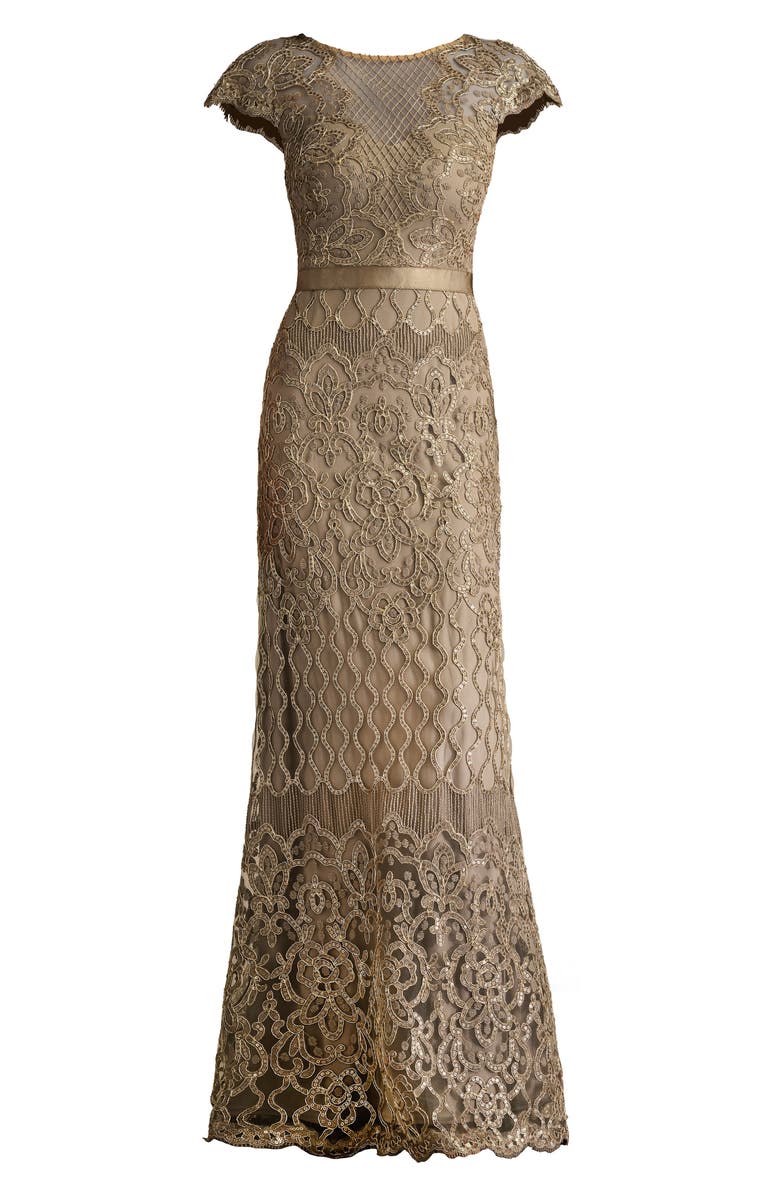 Tadashi Shoji Sequin Illusion Lace Gown, Alternate, color, Smoke Pearl
