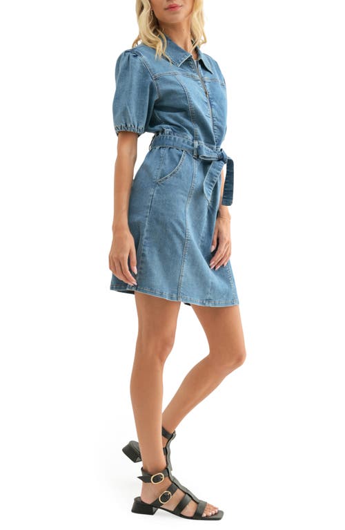 Wishlist Puff Sleeve Belted Denim Minidress In Blue