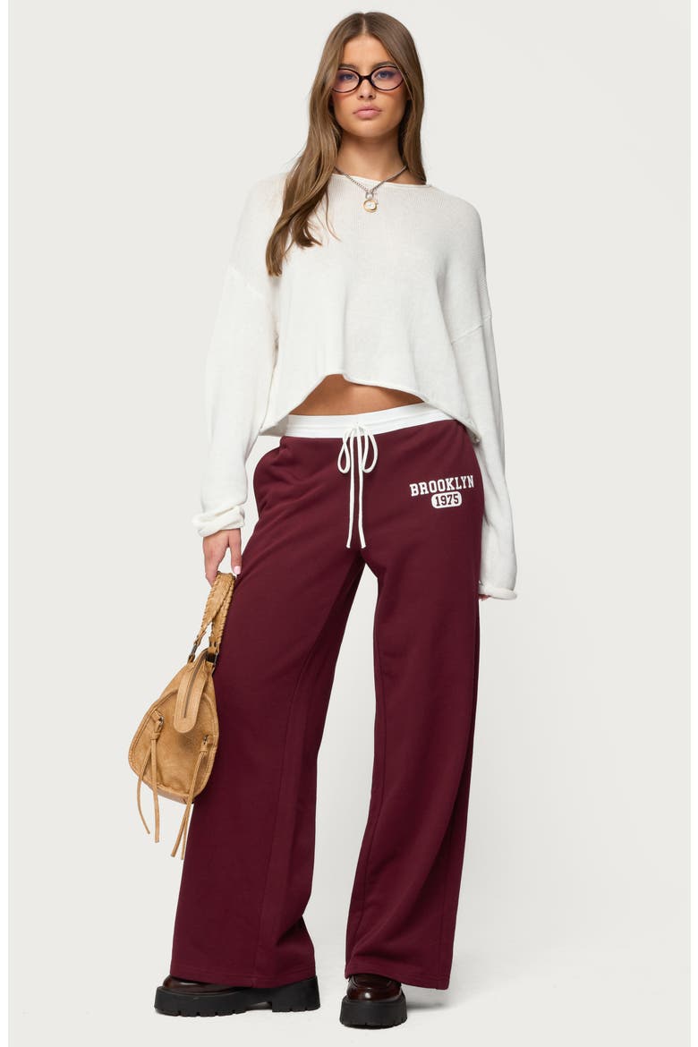 Brookie Contrast Waist Logo Wide Leg Sweatpants, Alternate, color, BURGUNDY