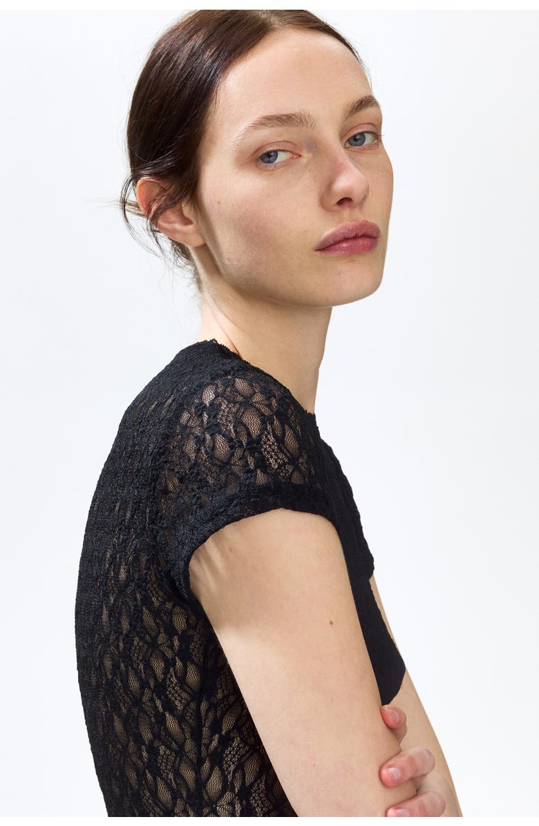 H&M Lace-look jersey thong bodysuit, Alternate, color, Black