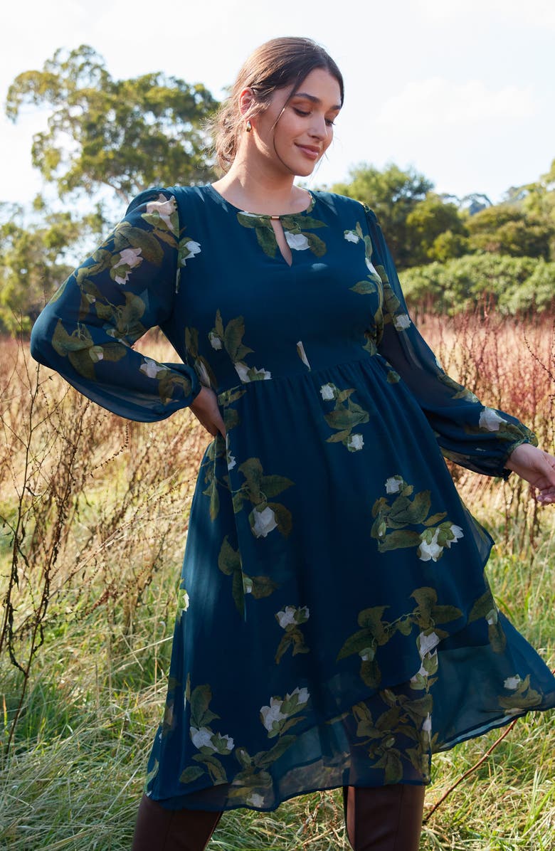 Estelle Summit Bloom Floral Asymmetric Long Sleeve Dress, Alternate, color,