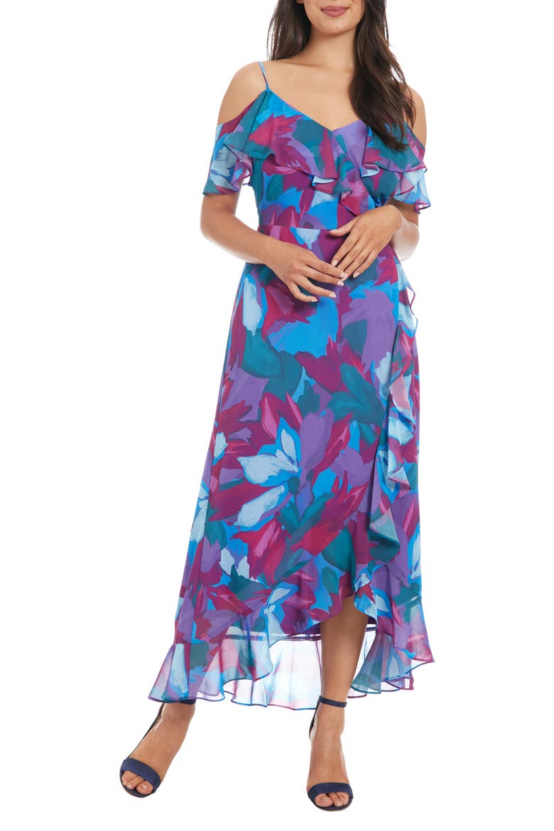 Cold Shoulder Ruffle Faux Wrap Dress, Main, color, BLUE/ JADE