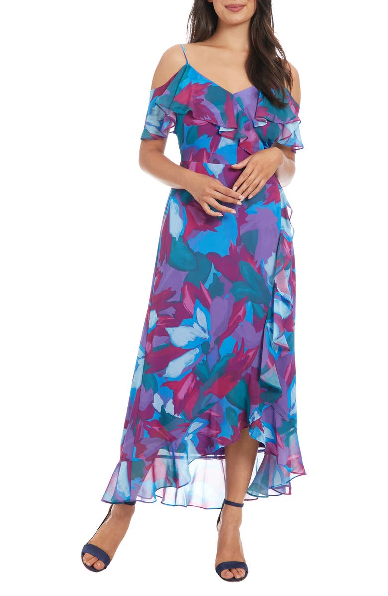 London Times Cold Shoulder Ruffle Faux Wrap Dress, Main, color, Blue/ Jade