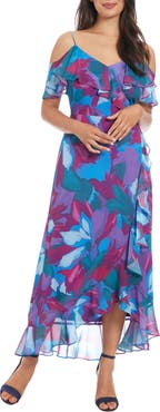 London Times Cold Shoulder Ruffle Faux Wrap Dress