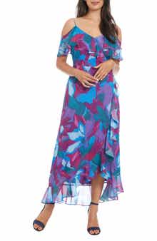 London Times Cold Shoulder Ruffle Faux Wrap Dress