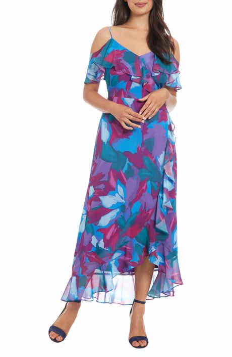 London Times Cold Shoulder Ruffle Faux Wrap Dress