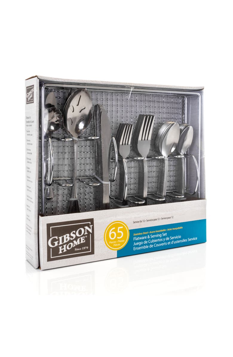 Gibson Home South Bay 65 Piece Stainless Steel Flatware Service Set with Wire Caddy, Main, color, Metallic Silver