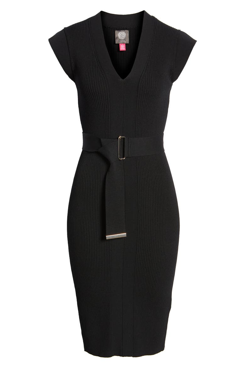 Belted Body-Con Sweater Dress, Alternate, color, BLACK