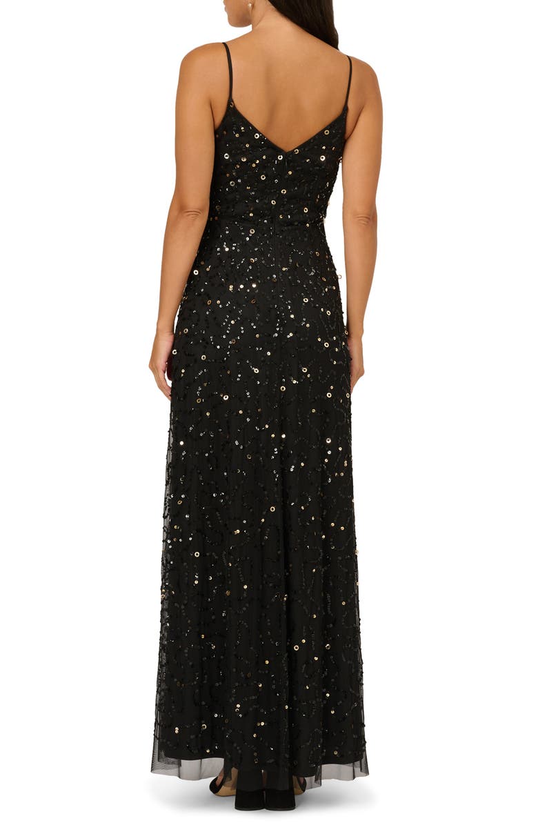 Adrianna Papell Sequin & Bead Floral Mesh Gown, Alternate, color, Black/ Gold