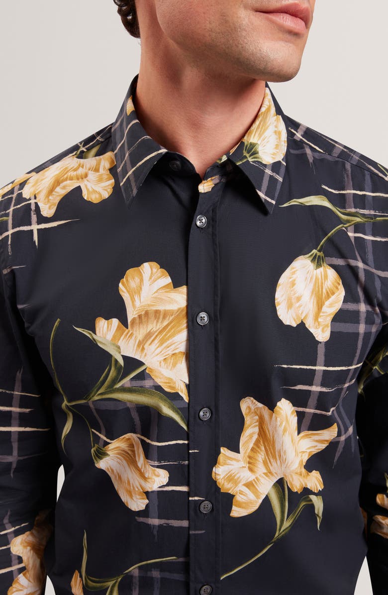 Ted Baker Quorik Floral Print Button-Up Shirt, Alternate, color, Navy
