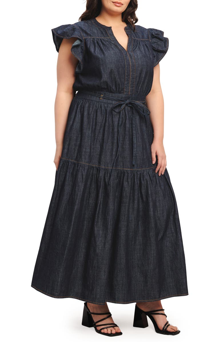 FLYING TOMATO Cap Sleeve Denim Maxi Dress, Alternate, color, Dark Indigo