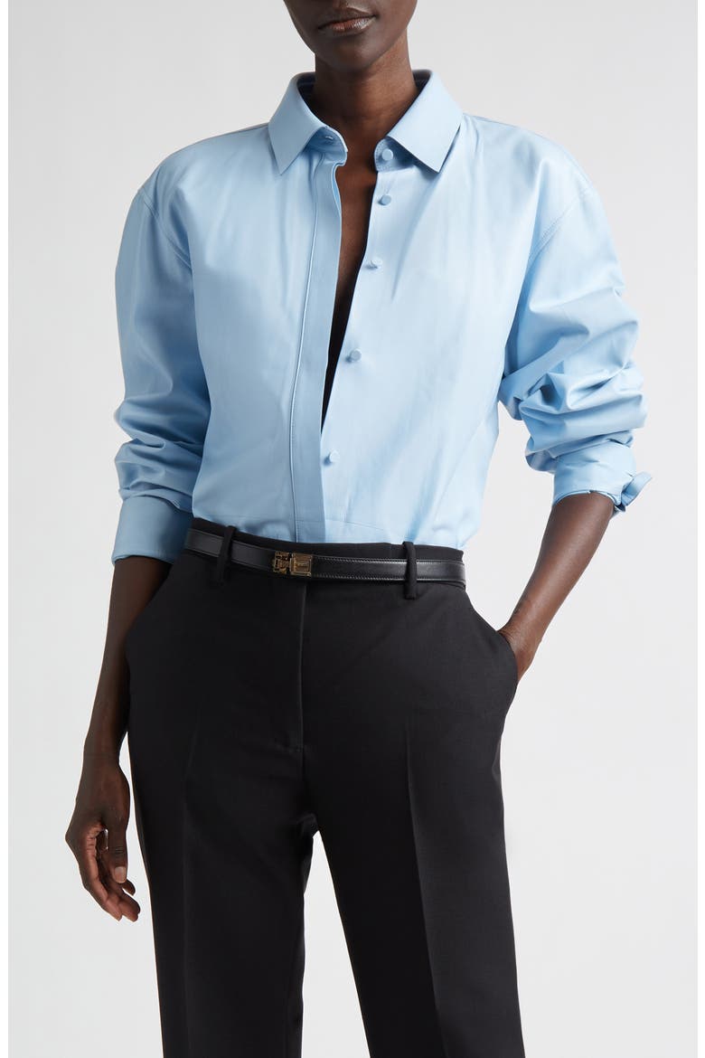 French Plongé Leather Button-Up Shirt, Main, color, PALE BLUE