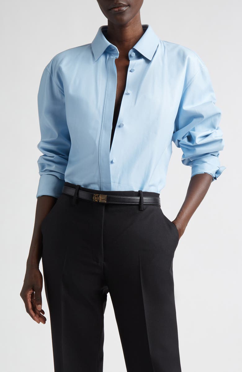 TOM FORD French Plongé Leather Button-Up Shirt, Main, color, Pale Blue