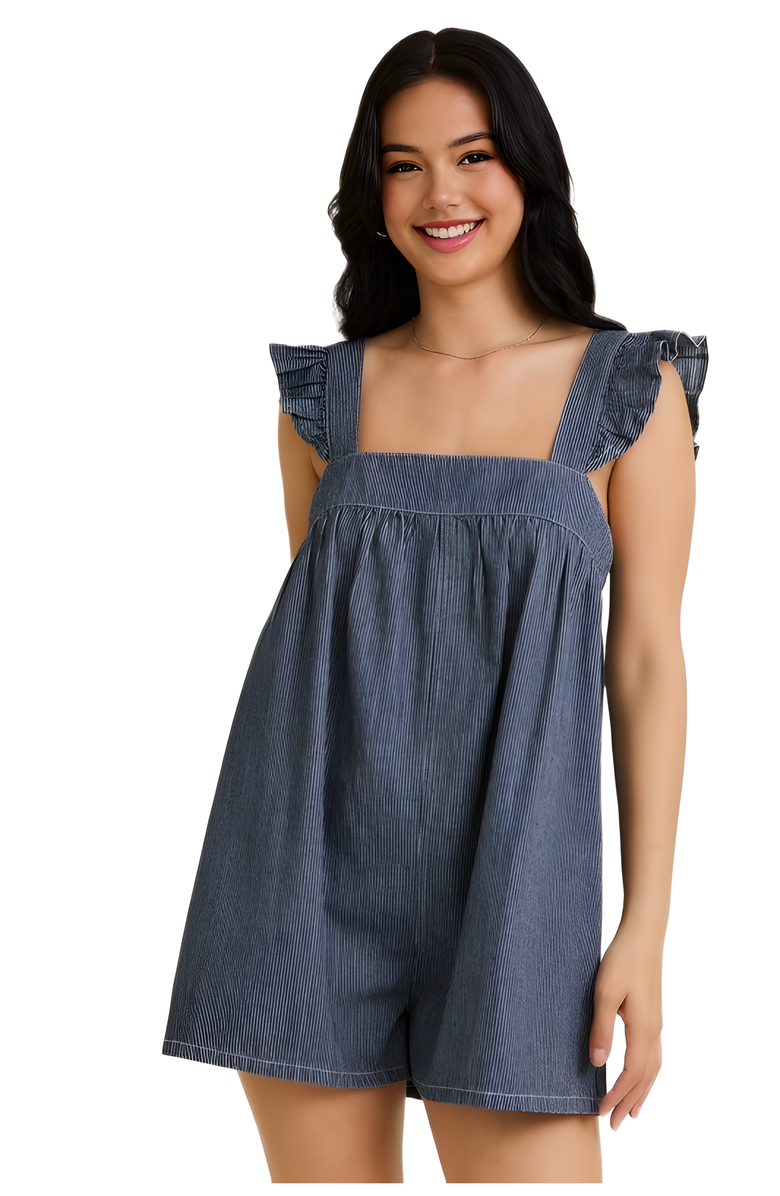 Knit and Lounge Ruffle Strap Denim Romper with Relaxed A-Line Silhouette, Main, color, 