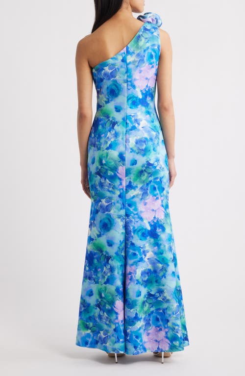 Eliza J Floral One-shoulder Evening Dress In Blue Multi
