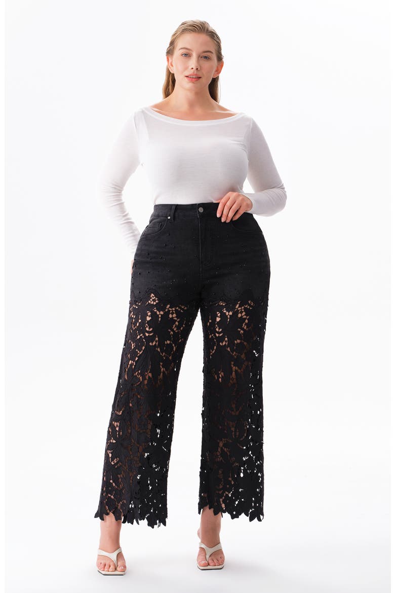 Crystal Embellished Lace Wide Leg Jeans, Alternate, color, INKGAUZE