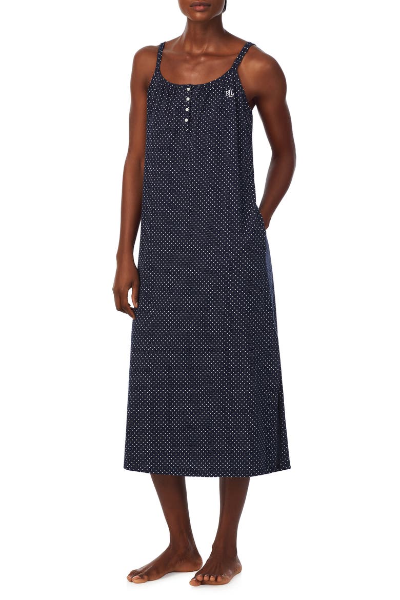 Sleeveless Cotton Nightgown, Main, color, NAVY DOT