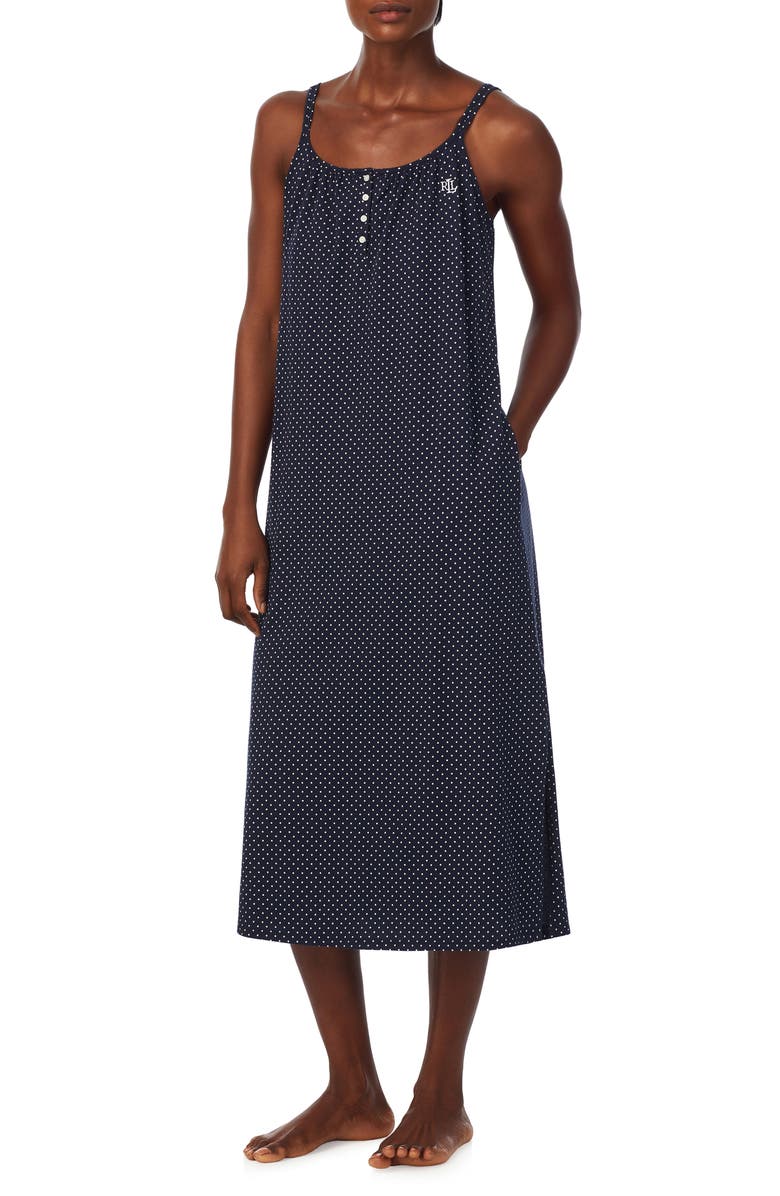 Lauren Ralph Lauren Sleeveless Cotton Nightgown, Main, color, Navy Dot