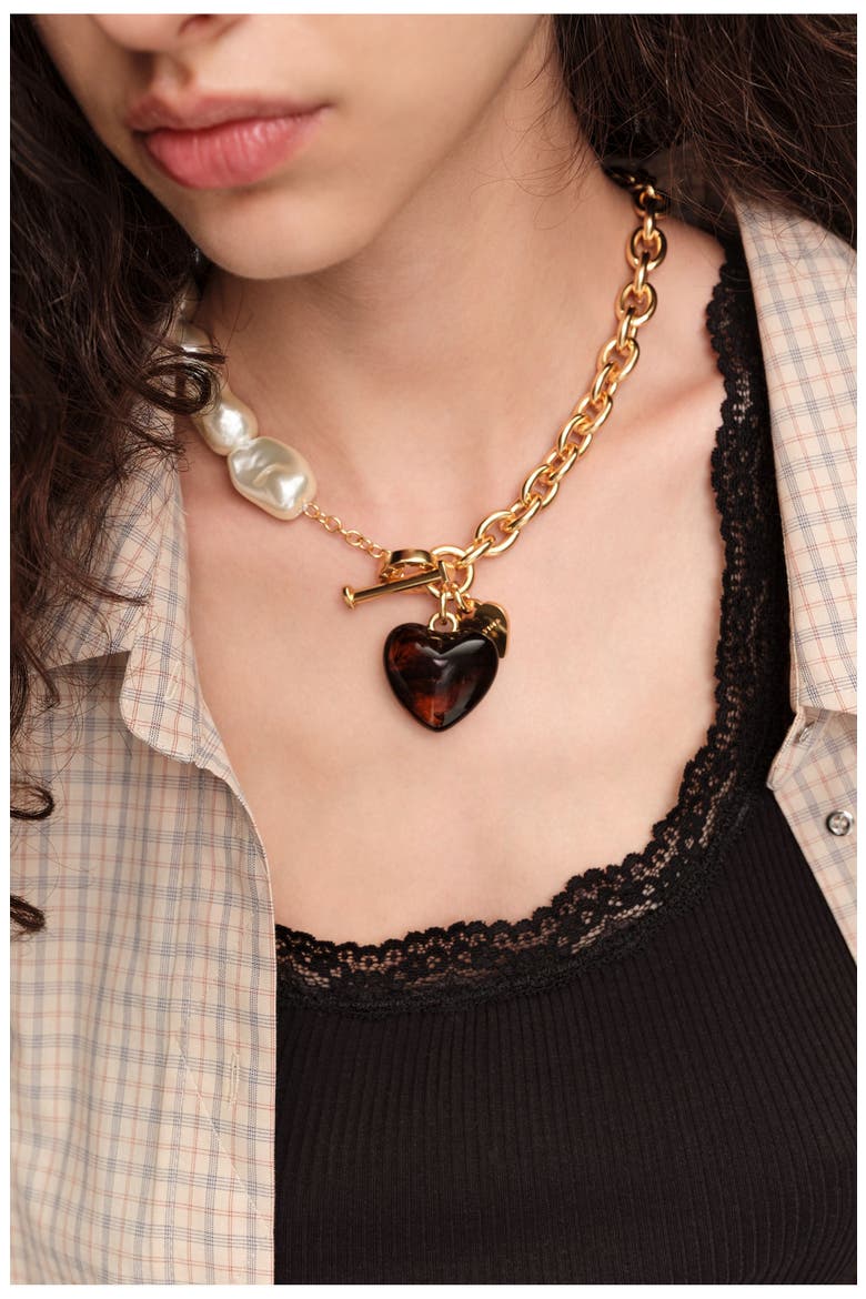 Chain Necklace with Pearl and Resin Heart, Alternate, color, BROWN