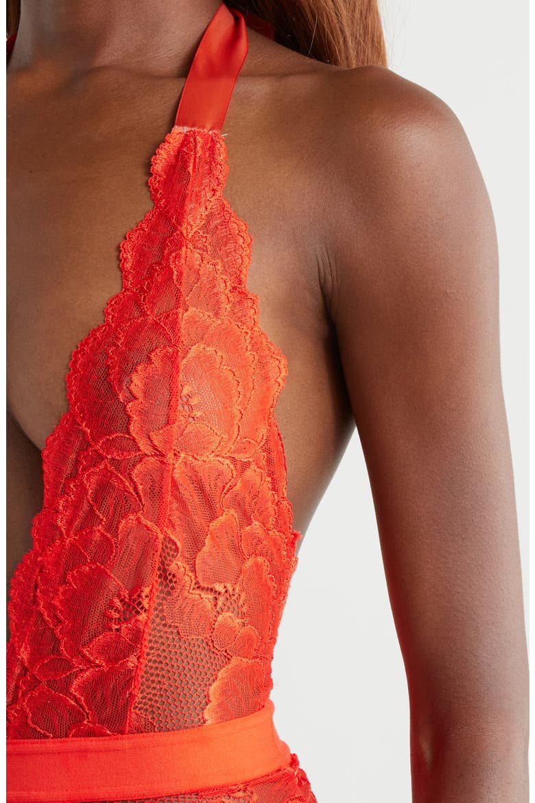 Floral Lace Halter Teddy, Alternate, color, TIGERLILY