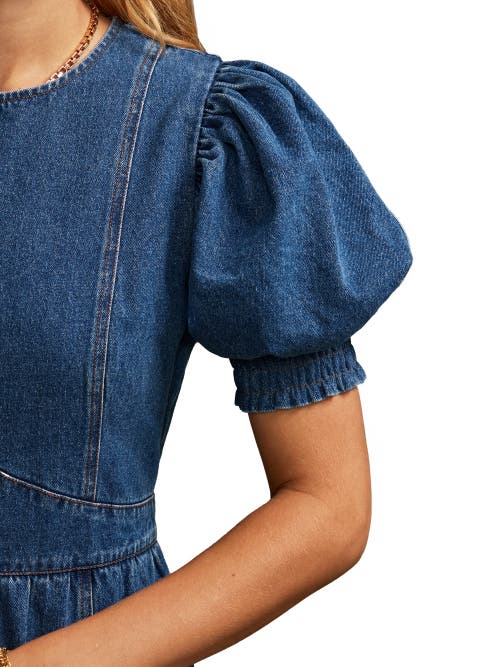 Ro&zo Denim Short Puff Sleeve Midi Dress In Blue