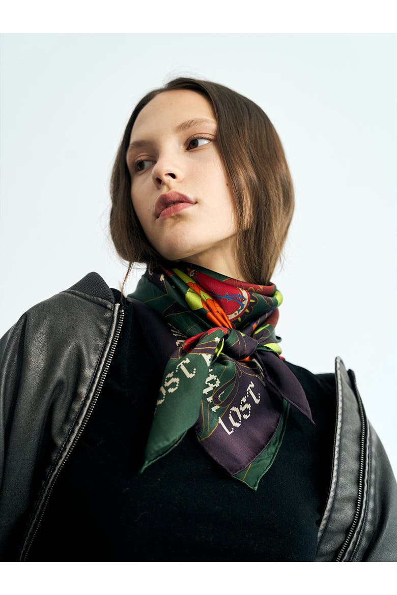 FRIDA x LOST PATTERN "Los Amores de Frida" Large Silk Scarf, Alternate, color, Dark Green