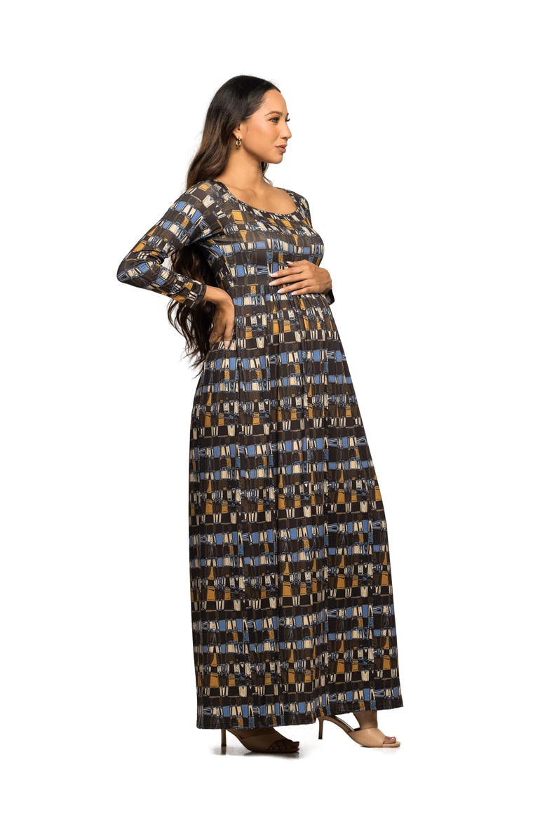 24seven Comfort Apparel Geometric Print Long Sleeve Empire Waist Maxi Dress, Alternate, color, Green Multi