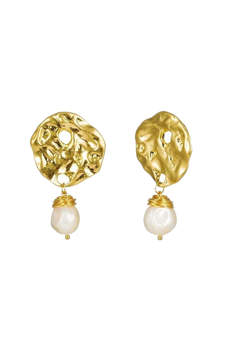 Baroque Pearl Drop Earrings with Hammered Earrings, Alternate, color, Gold