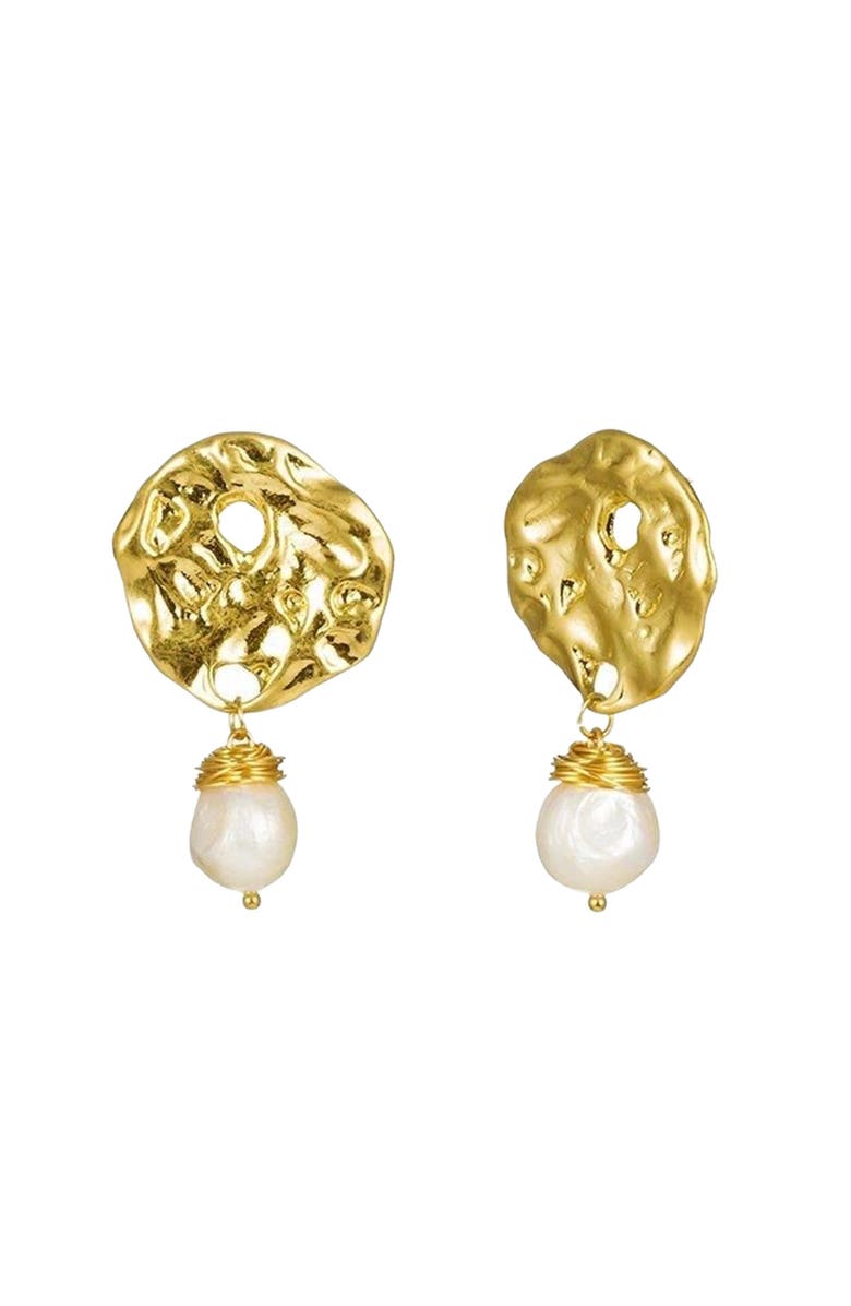 Hollywood Sensation Baroque Pearl Drop Earrings with Hammered Earrings, Alternate, color, Gold