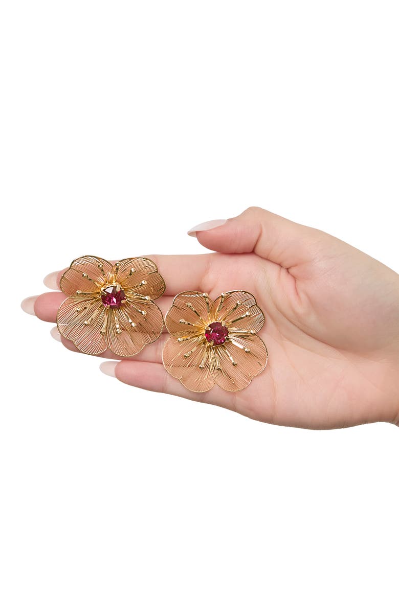 Gold-Tone Filigree Flower Stud Earrings with Pink Crystal Center, Alternate, color, Gold tone