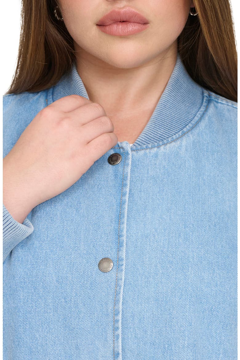 Crop Varsity Denim Bomber Jacket, Alternate, color, LT WASH DE