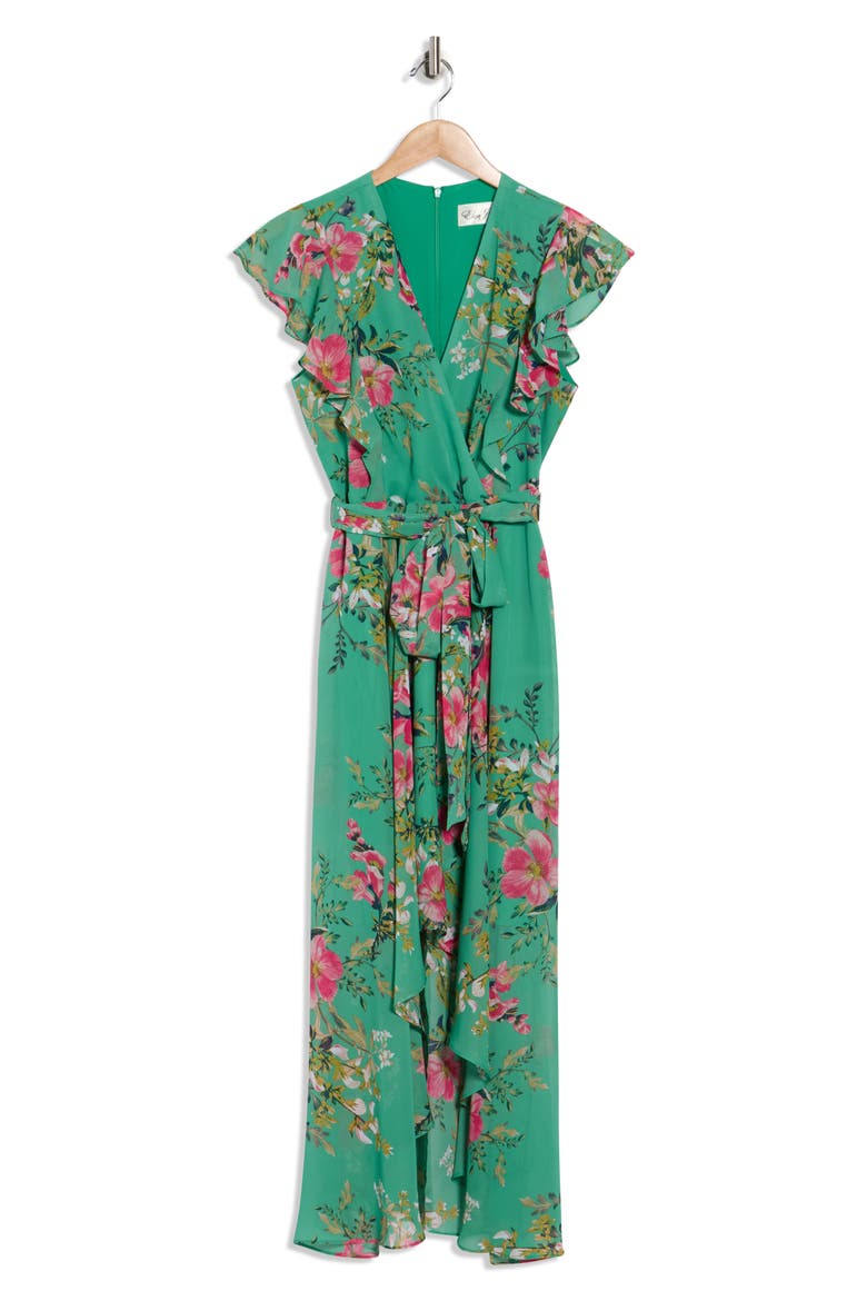 Floral Flutter Sleeve High-Low Midi Dress, Alternate, color, GREEN MULTI