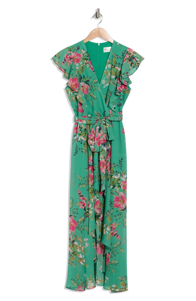 Eliza J Floral Flutter Sleeve High-Low Midi Dress, Alternate, color, Green Multi