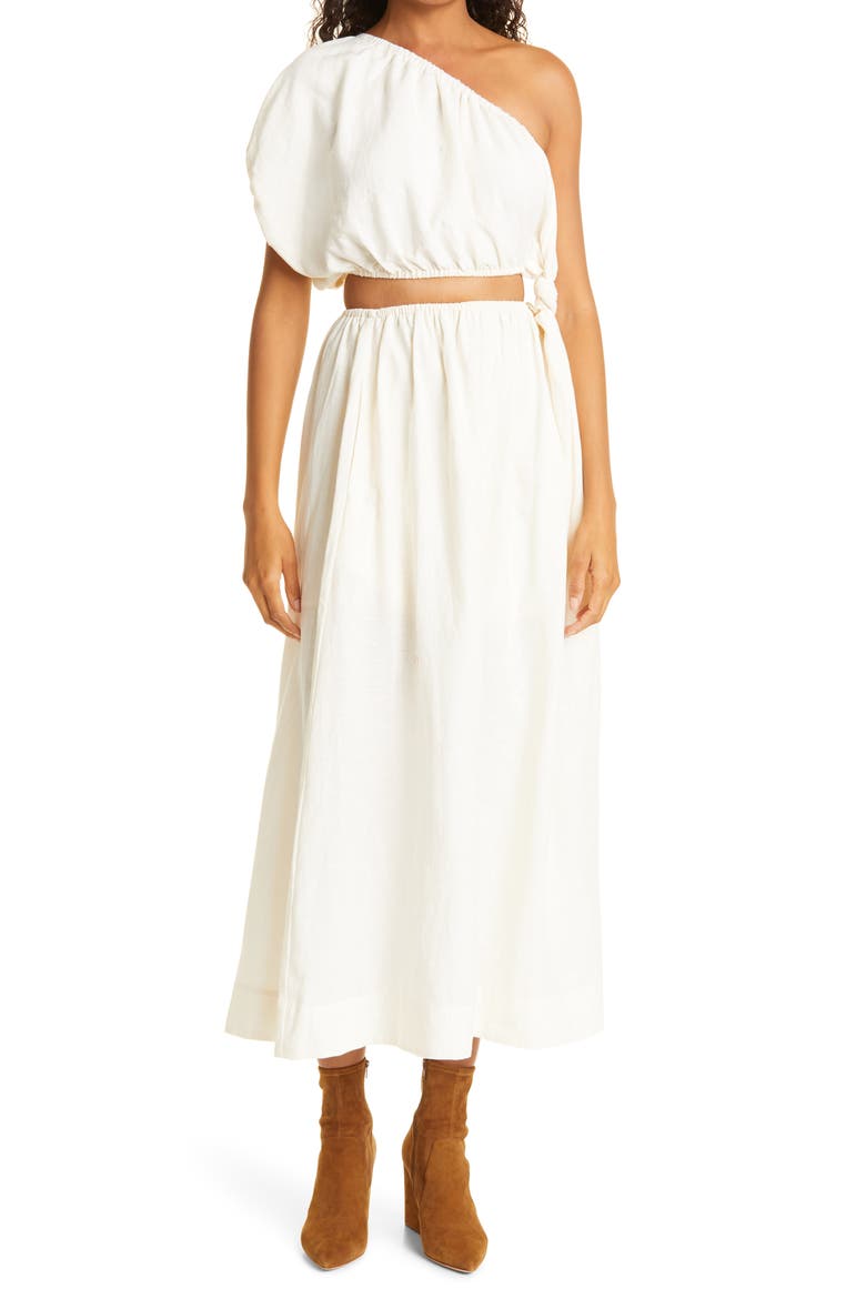 One-Shoulder Waist Cutout Linen Blend Dress, Main, color, OFF-WHITE