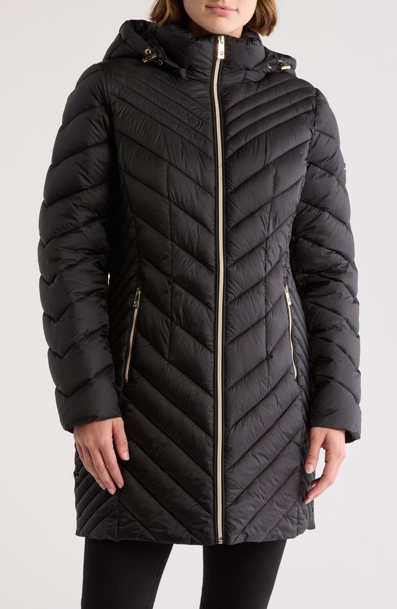 Michael Kors Hooded Chevron Quilted Long Puffer Jacket, Main, color,