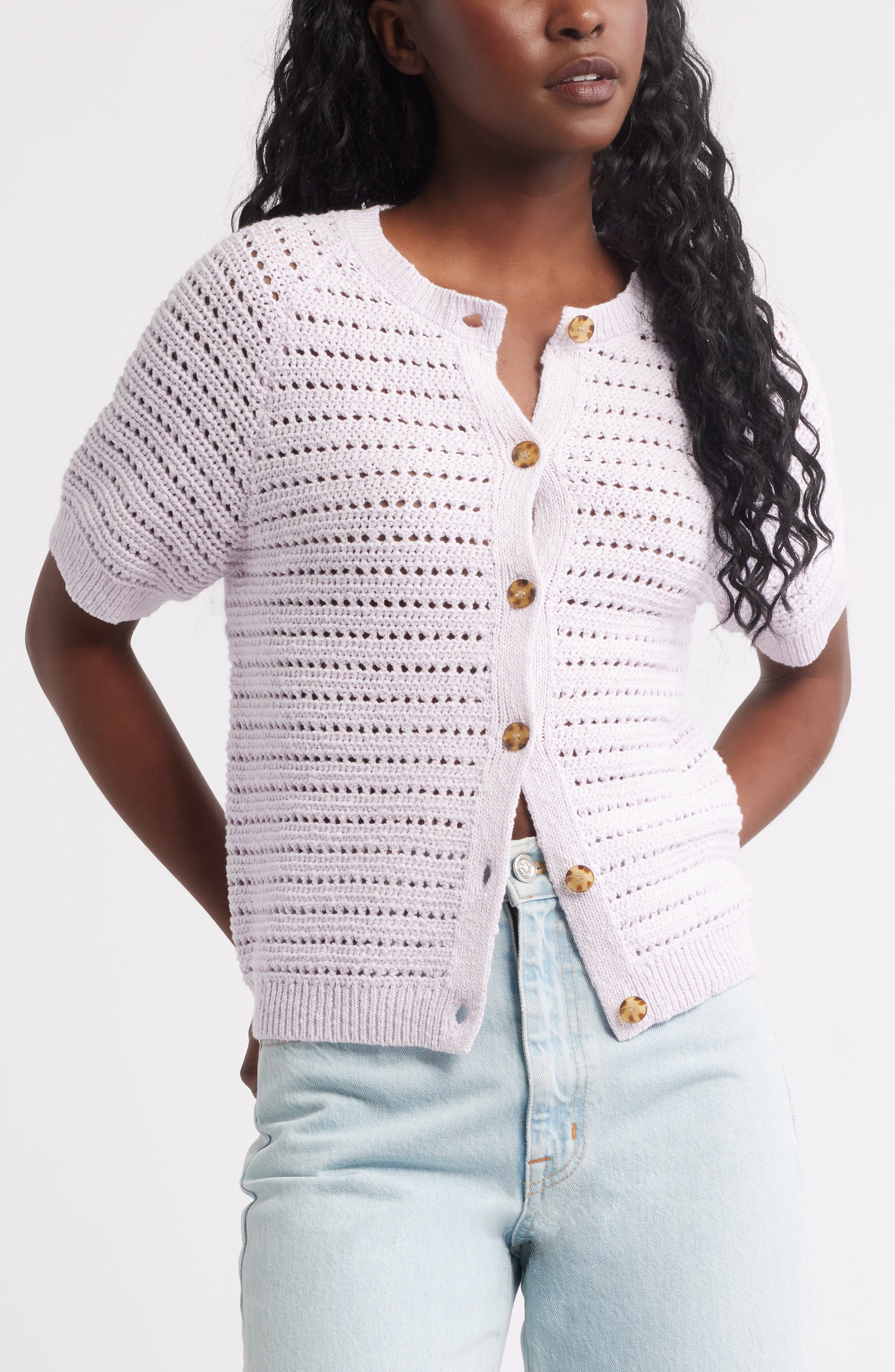 Treasure & Bond Open Stitch Short Sleeve Cotton Cardigan