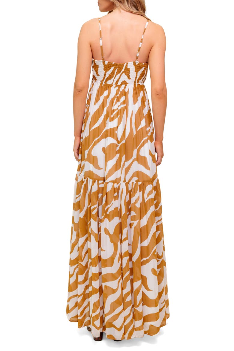 Zebra Print V-Neck Maxi Dress, Alternate, color, ALMOND