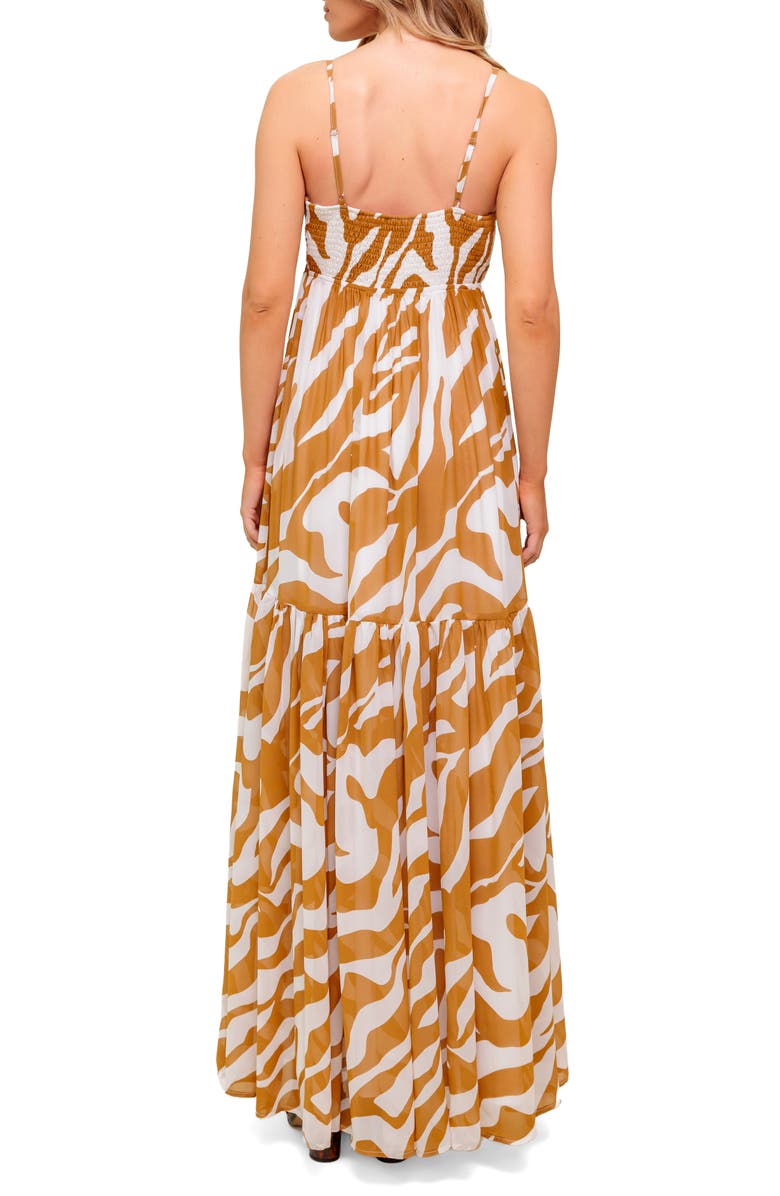 FLYING TOMATO Zebra Print V-Neck Maxi Dress, Alternate, color, Almond